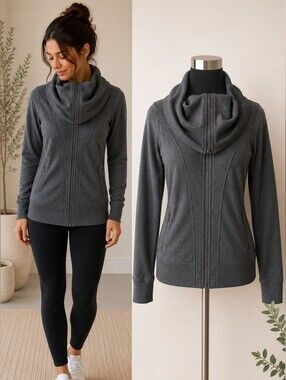Velvet Rose Draped Cowl Collar Zip Jacket Charcoal Gray Stretch Cotton Petite S